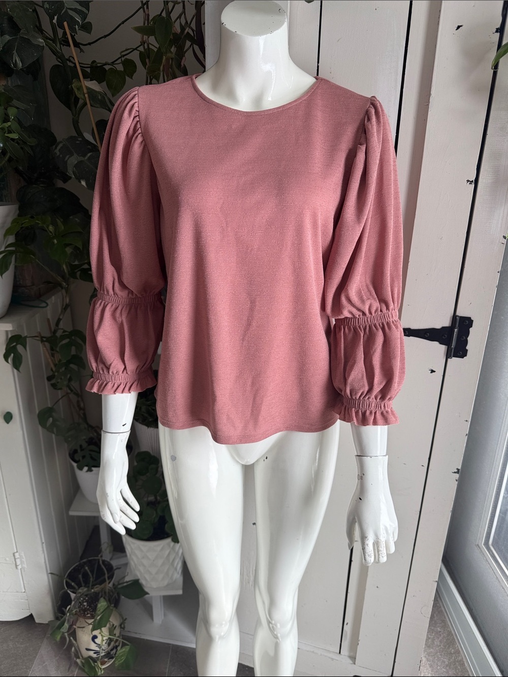 Suzy Shier Puff-Sleeve Crewneck Top in Dusty Rose boho Lg NWOT